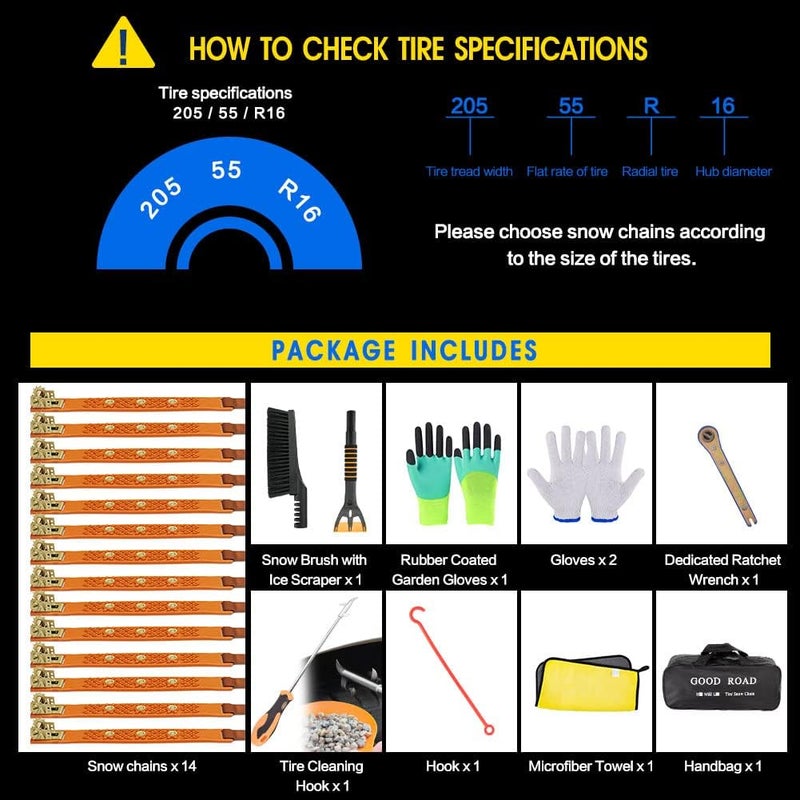 Mistriddle Snow Chains, Anti Slip, Non-metallic, Emergency Tire Chains Suitable for Cars, Trucks, Pickup, SUVs with Tire Width of 245-275mm(14 Pack, Yellow) - Image 5